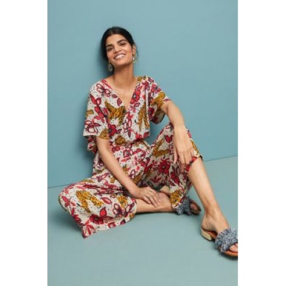 Anthropologie Floral Jumpsuit In Red And Yellow